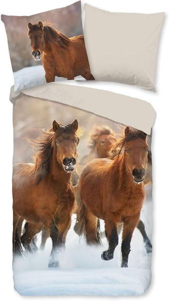 Traumschloss Bettwäsche Comfort Baumwolle, Flanell, 2 teilig, Ponys im Winter, Schnee, beige