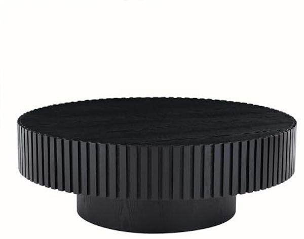 NJLyuhome Black Round Coffee Table with Grooved Edge, Solid Wood Detail, Modern Side Table for Living Room