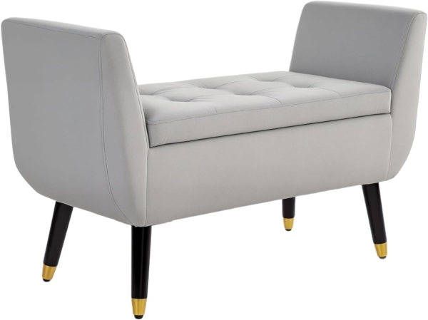 HOMCOM Sitzbank mit Stauraum Armlehnen, Samtartiges Polyester (Truhenbank, 1-St, Polsterbank), Gummiholz Hellgrau 107 x 42 x 65 cm
