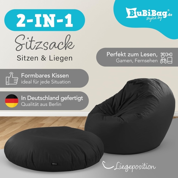BubiBag Sitzsack für Erwachsene -Indoor Outdoor XL Sitzsäcke, Sitzkissen oder als Gaming Sitzsack, geliefert mit Füllung (125 cm Durchmesser, schwarz) Bild 2