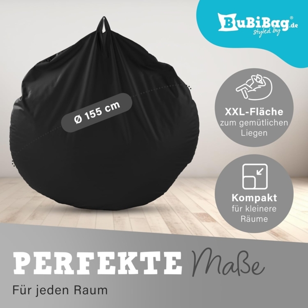 BubiBag Sitzsack für Erwachsene -Indoor Outdoor XL Sitzsäcke, Sitzkissen oder als Gaming Sitzsack, geliefert mit Füllung (125 cm Durchmesser, schwarz) Bild 3