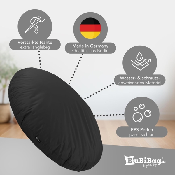 BubiBag Sitzsack für Erwachsene -Indoor Outdoor XL Sitzsäcke, Sitzkissen oder als Gaming Sitzsack, geliefert mit Füllung (125 cm Durchmesser, schwarz) Bild 4