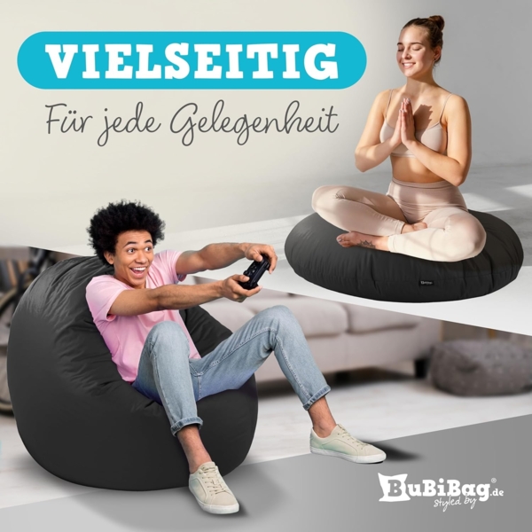 BubiBag Sitzsack für Erwachsene -Indoor Outdoor XL Sitzsäcke, Sitzkissen oder als Gaming Sitzsack, geliefert mit Füllung (125 cm Durchmesser, schwarz) Bild 6