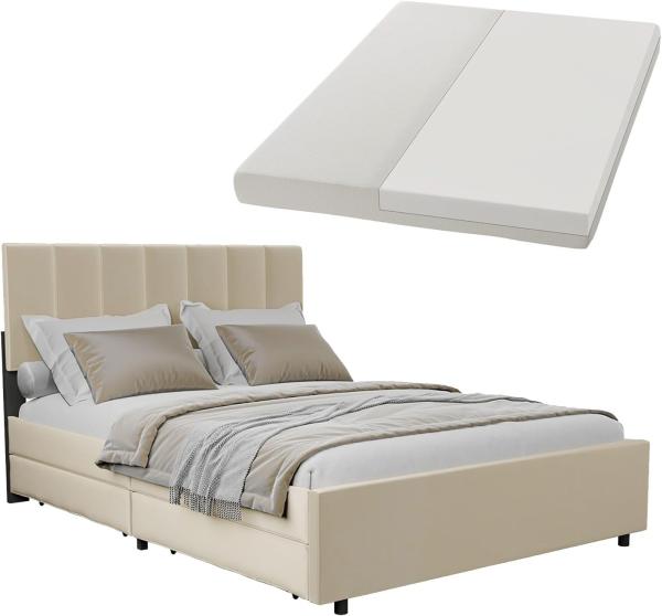 Juskys Samt Polsterbett Soria 140x200 cm mit Matratze, Lattenrost & Schubladen - modernes Bett - Kopfteil höhenverstellbar - Doppelbett Beige