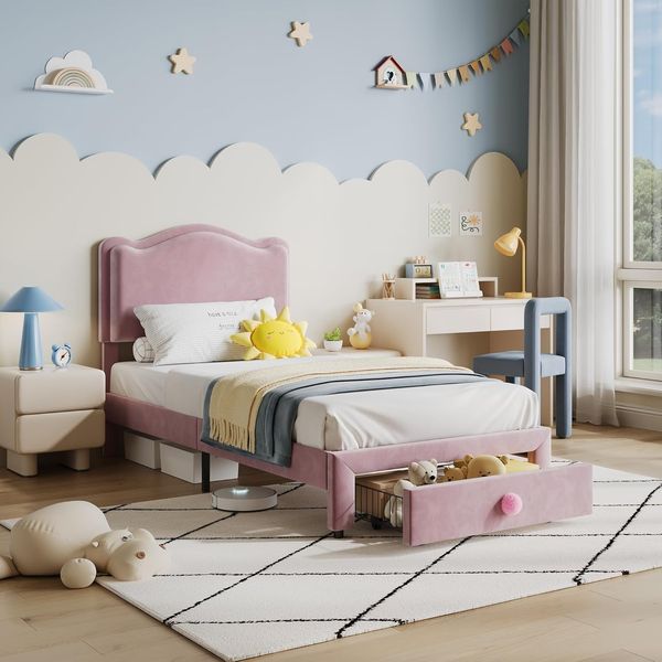 GarveeHome Gepolstertes DoppelBettrahmen Mit Stauraumschublade Und Gewelltem Kopfteil, Prinzessinnen-Doppelbettgestell Für Mädchen, Holzlattenrost, Keine Boxspring Erforderlich,195 x 99 x 105 cm，Rosa