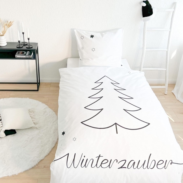 MTOnlinehandel Bettwäsche Weihnachten Winterzauber, Tannenbaum und Sterne, Flanell, Biber, 2 teilig, 100% Baumwolle in Biber, 80x80 + 135x200 cm