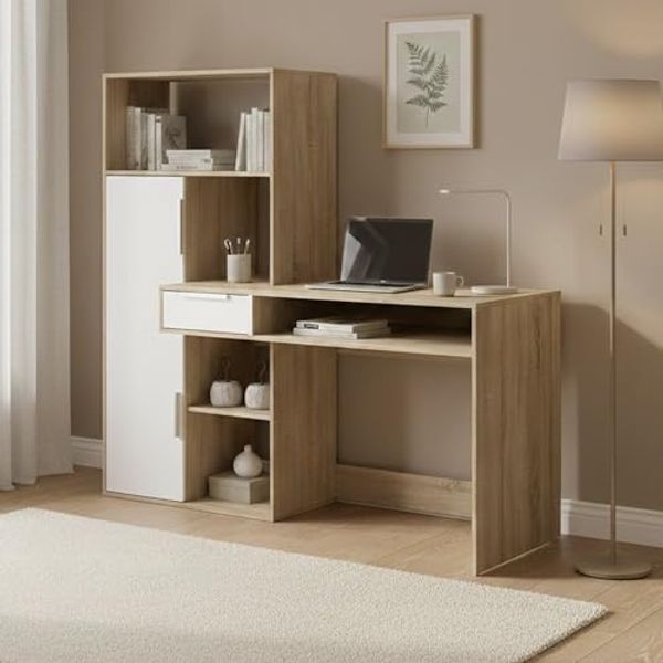 Dmora Multifunktionsschreibtisch mit Bücherregal, Schublade und Tür, Farbe Weiß und Eiche, 162 x 155 x 60 cm