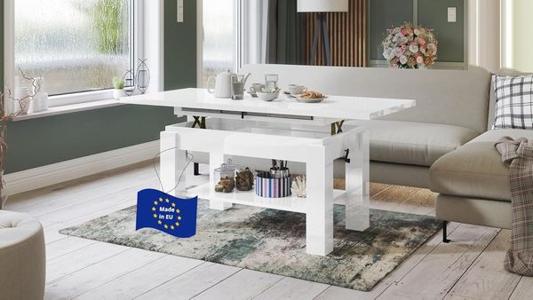 designimpex Couchtisch Couchtisch Astoria Weiß Hochglanz höhenverstellbar ausziehbar Esstisch, Funktionstisch, Wohnzimmertisch, Tisch, Esstisch, Sofatisch