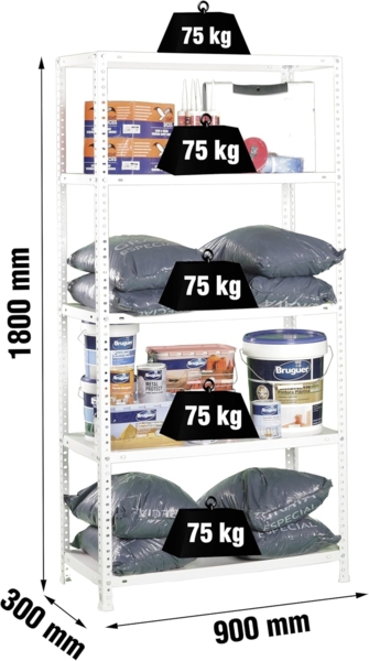 SimonRack Schwerlastregal, Lagerregal, 180 x 90 x 30 Metallregal, Kellerregal, Biegestelle 75 kg, 5 Fachböden, Weiss - Advantage Bild 3