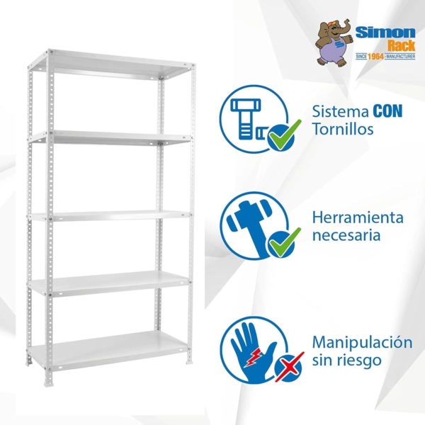 SimonRack Schwerlastregal, Lagerregal, 180 x 90 x 30 Metallregal, Kellerregal, Biegestelle 75 kg, 5 Fachböden, Weiss - Advantage Bild 5