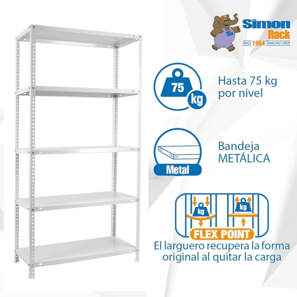 SimonRack Schwerlastregal, Lagerregal, 180 x 90 x 30 Metallregal, Kellerregal, Biegestelle 75 kg, 5 Fachböden, Weiss - Advantage Bild 6