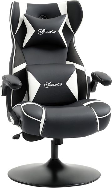Vinsetto Gaming Stuhl mit Wippfunktion, höhenverstellbarer Bürostuhl, ergonomischer Computerstuhl mit Lautsprecher, Lenden- und Nackenstütze für Spielzimmer Kunstleder Weiß+Schwarz