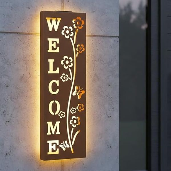 Spetebo LED Wandleuchte Metall WELCOME in Rost Optik - 61 x 20 cm, Solar, LED fest integriert, warm weiß, Inklusive austauschbarem Akku