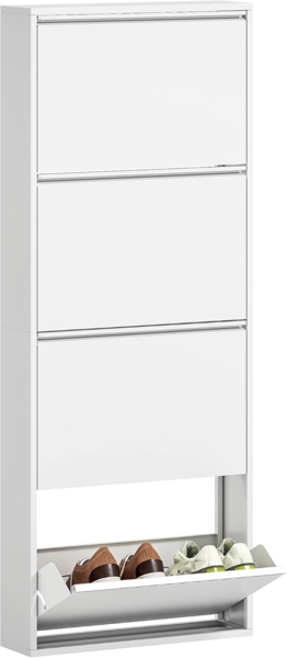 HOMCOM Schuhschrank mit 4 Klappen Schuhkipper Schmal für 8 Paar Schuhe Schuhregal (Metall Schuhkommode, 1-St, Schuhablage Wandmontage) für Eingangsbereich, Flur 55 x 15 x 139,5 cm Weiß