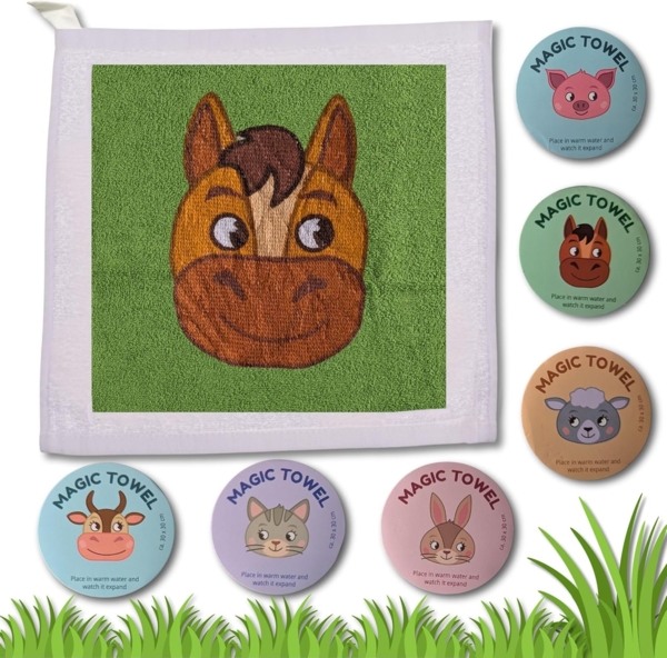 Bada Bing Handtuch Set Magisches Handtuch Kinder Zauberhandtuch Bauernhof Tiere Waschlappen, (6-St), 100% Baumwolle, Zauberhandtuch