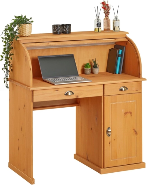 IDIMEX Sekretär TOM, Sekretär PC Tisch 2 Schubladen Kiefer 1 Tür Rollladen Bürotisch Arbeit