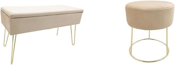 ECHTWERK Sitzbank Scarlett mit Stauraum und Metallbeinen, runder gepolsteter Sitzhocker Marilyn mit Samtbezug, Creme