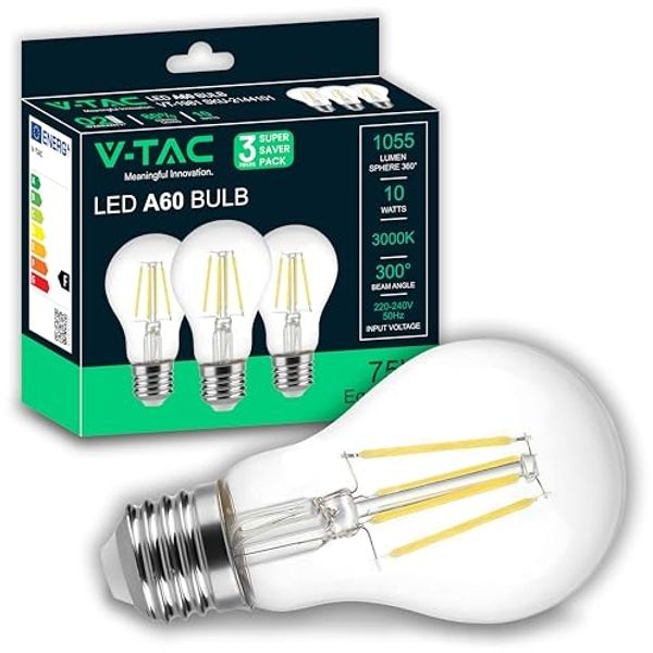 V-TAC 3x LED Glühbirne E27 Filament 10W (Entspricht 75W) A60 – Warmweiß 3000K - Maximale Effizienz - 1055 Lumen – Filament Deko – LED Glühlampen - Energiesparlampe - 3er Pack