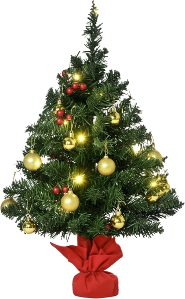 HOMCOM Künstlicher Weihnachtsbaum Mini Weihnachtsbaum mit Weihnachtskugeln, LED-Lichtern, roten Beeren, Tannen, 40 x 60 cm (BxH), grün, rot, gold