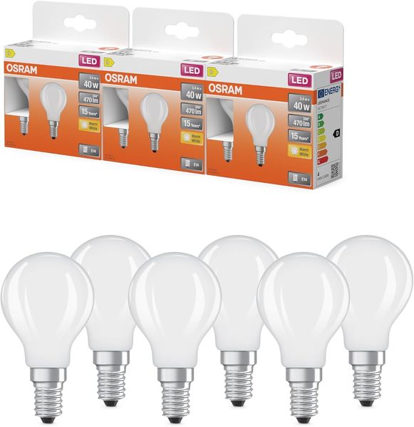 OSRAM LED-Lampe Star Miniballform P40 Filament, 2700 K warmweiß, 3,4 W, E14, matt, 470 lm, 15.000h, für Tisch- und Pendelleuchten, blendfrei, Warmweiss