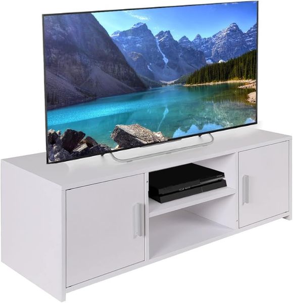 BAKAJI TV-Schrank aus MDF-Holz, Sideboard mit Fernsehständer, 2 offene Fächer, für Konsolen, DVD-Spiele und 2 Türen, Größe 110 x 35 x 36 cm, Farbe Weiß, modernes Design
