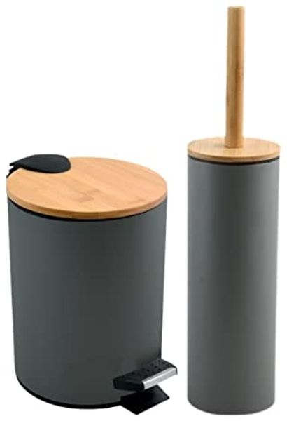 spirella Badaccessoires-Sets ADONIS, Soft-Close-Absenkautomatik, Anti-Fingerabdruck-Beschichtung, matt-satinierte Oberfläche, Stahl + Bambus, innovativer Bürstenkopf, Kombi-Set, 2 tlg, Bad + WC Set, Kosmetikeimer 3L + Toilettenbürste, anthrazit grau