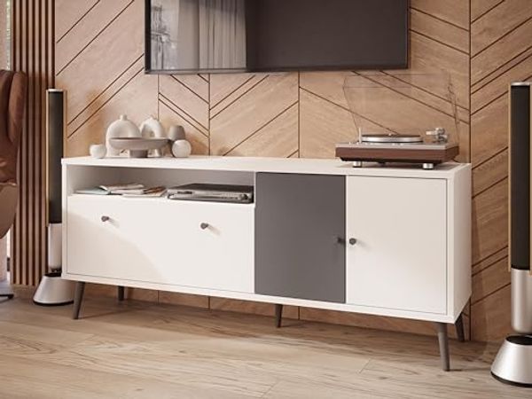 Forte Harllson, einfache Montage Dank EasyKlix TV Tisch Weiß mit Uni Wolfram Grau, TV Schrank mit 2 Türen, skandinavischer Stil, Retro, 160 cm breit x 67 cm hoch x 41 cm tief