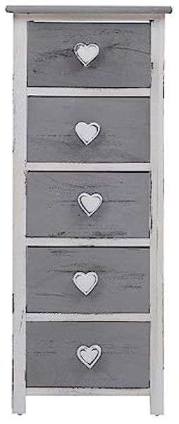 Rebecca Srl Nachttisch Nachtschrank Nachtkästchen Kommode mit 5 Schubladen, aus Paulownienholz, in weiß/grau, im angesagten Shabby Vintage Look, mit Herzknöpfen, für Schlafzimmer & Badezimmer (Cod. RE4307).