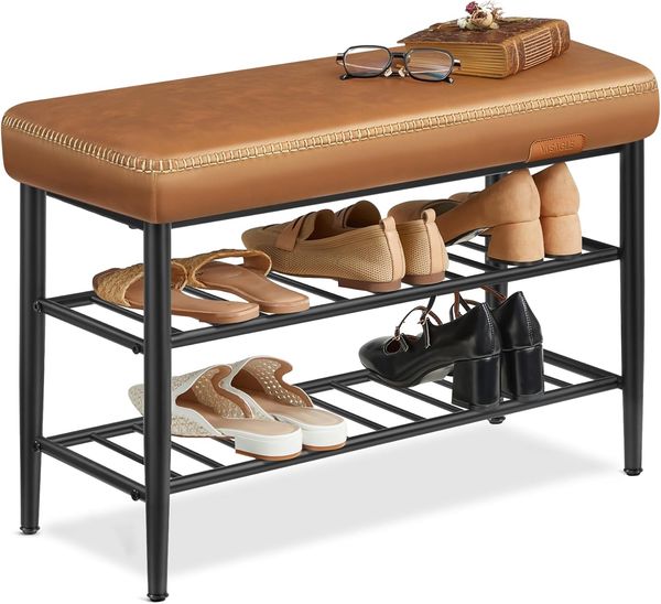 Vasagle EKHO Kollektion - Schuhregal, Sitzbank, Sitztruhe, Kunstleder, Mid-Century-Stil, 30 x 80 x 50 cm, karamellbraun