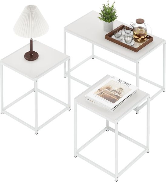 Furinno Camnus Modernes Wohnzimmertisch-Set mit einem Couchtisch und Zwei Beistelltischen, Solides Weiß/Weiß
