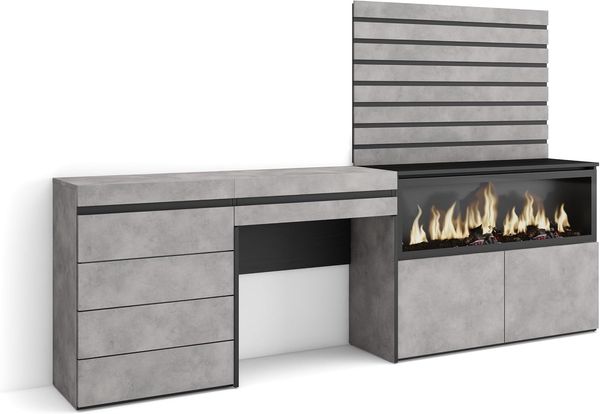 Skraut Home | Schminktisch | Frisiertisch mit Stauraum | 234 x 145 x 35 cm | mit Schublade | Elektrokamin XXL | Kommode mit Schubladen | Lamellenwand Holz | Moderner Stil | Zement