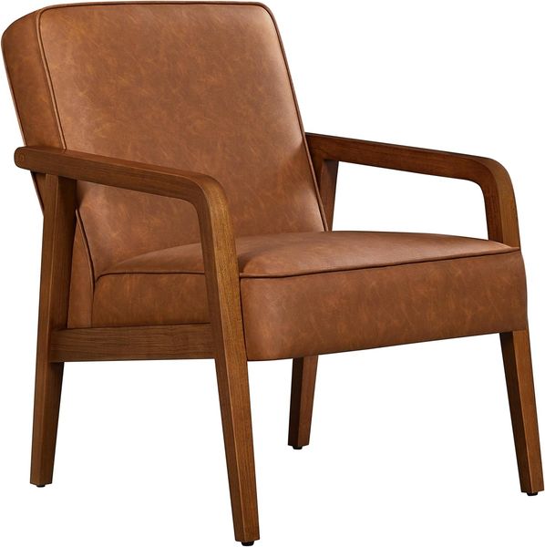 Yaheetech Loungesessel Sessel Vintage Relaxsessel Kunstleder mit Massivholzbeinen Einzelsofa für Wohnzimmer/Schlafzimmer/Empfangsbereich Hellbraun