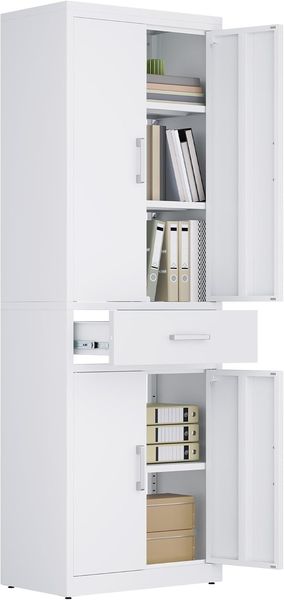 YITAHOME Aktenschrank verschließbar, Aufbewahrungsschrank mit 3 verstellbaren Regalen, Büro Aktenschrank mit Schublade, Stahl Büro Schrank für Büro Küche Garage, 180H cm x 60W cm x 34D cm, Weiß