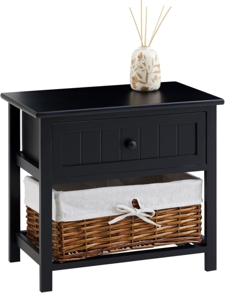 IDIMEX Nachtkommode AKURE, Nachttisch mit Schublade und Weidenkorb aus Holz Landhausstil Schwarz Bild 1