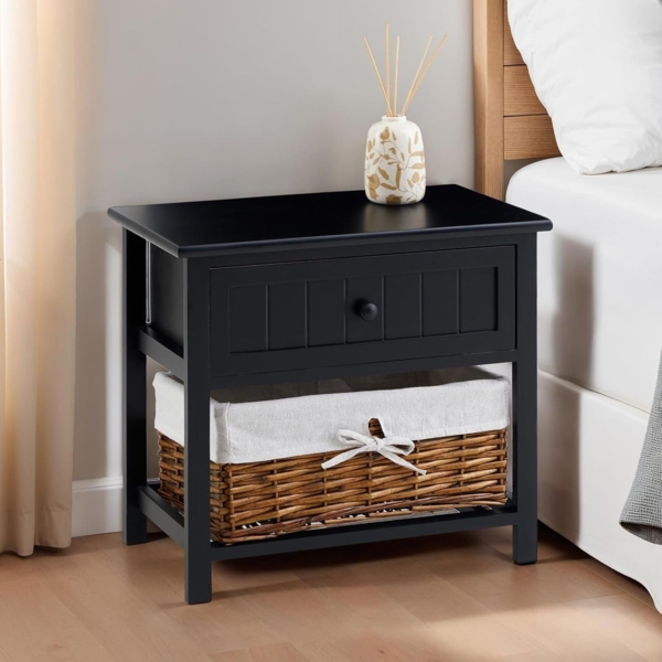 IDIMEX Nachtkommode AKURE, Nachttisch mit Schublade und Weidenkorb aus Holz Landhausstil Schwarz Bild 2