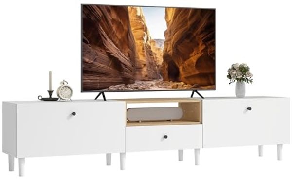 HOMCOM TV-Board für Fernseher bis zu 90 Zoll (TV Lowboard, 1 St, Fernsehschrank), für Wohnzimmer, Schlafzimmer, Weiß+Naturholz