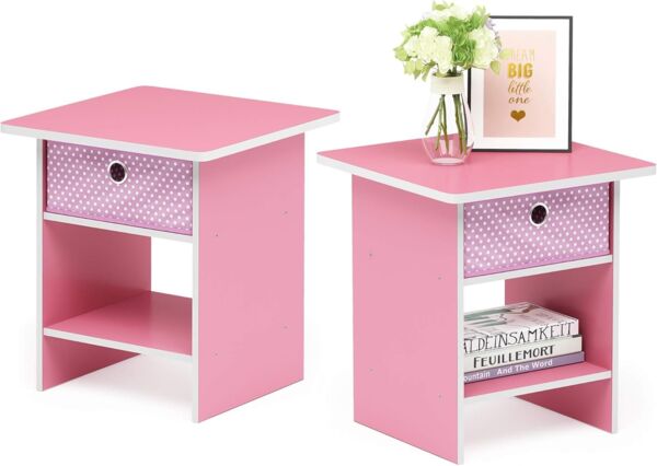 Furinno Dario Beistelltisch/Nachttisch Aufbewahrungsregal mit Schublade (2er Set), Holz, Rosa/Hellrosa, 39. 37x39. 37x45. 21 cm