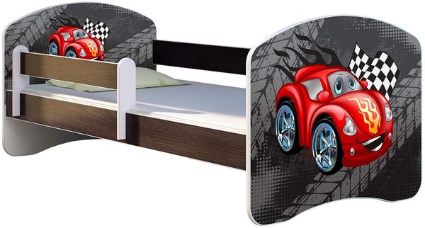 ACMA Kinderbett Jugendbett mit Einer Schublade und Matratze Wenge mit Rausfallschutz Lattenrost II 140x70 160x80 180x80 (05 Rote Auto, 180x80)