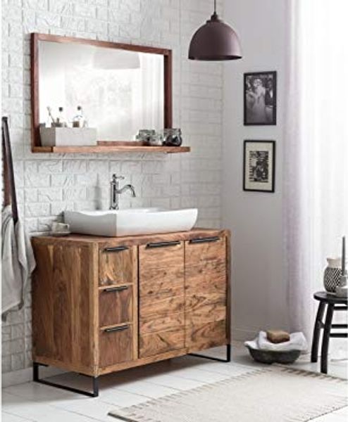 Badmöbelset Akazie Holz 2-tlg. massivum Sydney klein braun 105x74x45 cm Waschtisch mit Spiegel Badezimmer Unterschrank Landhausstil