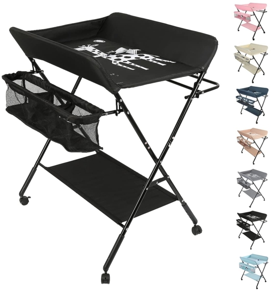 OHMG Baby Wickelkombi Klappbare Wickelkommode,Wickeltisch mit Rollen,Mobiler Wickeltisch mit Wickelauflage,Sicherheitsgurt und Ablagefächern,Wasserdicht und Höhenverstellbar,Stabil Bild 1