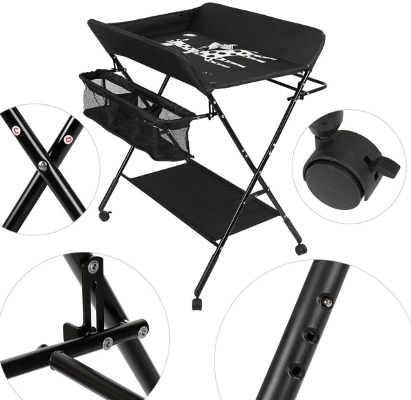 OHMG Baby Wickelkombi Klappbare Wickelkommode,Wickeltisch mit Rollen,Mobiler Wickeltisch mit Wickelauflage,Sicherheitsgurt und Ablagefächern,Wasserdicht und Höhenverstellbar,Stabil Bild 5