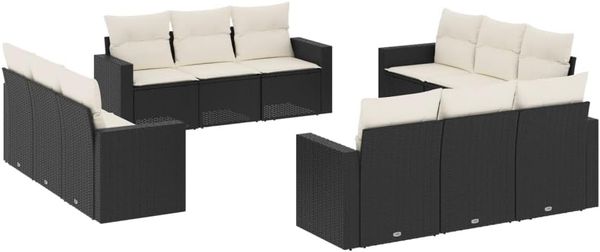 vidaXL 12-tlg. Garten-Sofagarnitur mit Kissen Schwarz Poly Rattan 3251103