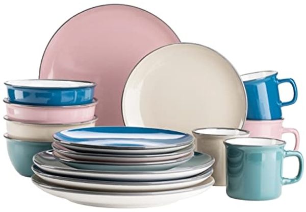 Buntes Vintage-Geschirr-Set aus Keramik für 4 Personen, modernes Geschirrset im Retro-Look; Petrol/Altrosa/Beige/Dunkelblau