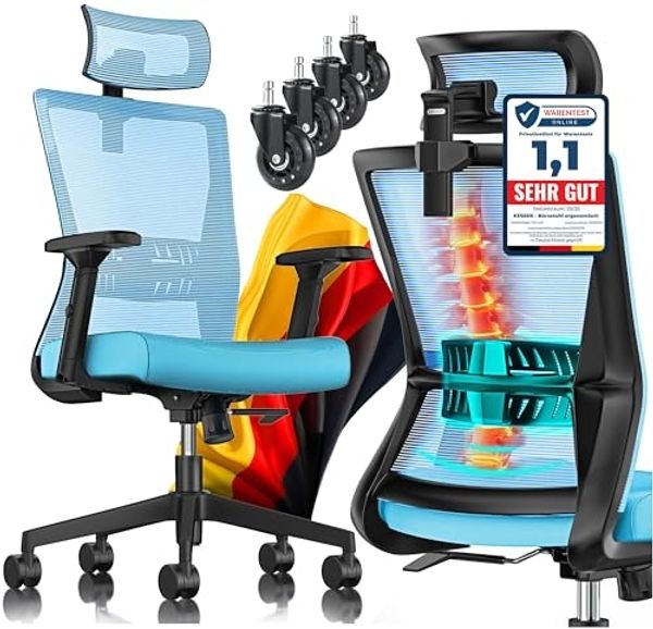 KESSER® Bürostuhl mit verstellbaren Armlehnen | Drehstuhl mit Lendenwirbelstütze Rückenschonend | Schreibtischstuhl ergonomisch mit Kopfstütze | Office Chair Wippfunktion bis 125° mit 5x Gummirollen Blau / Schwarz