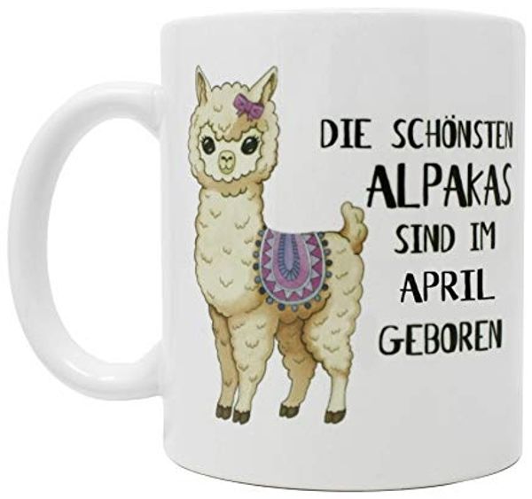 Alpaka Tasse April Die schönsten Alpakas sind. weiß, bedruckt, 100 % Keramik, in Geschenkverpackung.