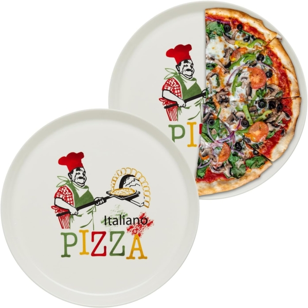 KHG 2er Set Pizzateller, extra groß mit 30cm Durchmesser in Chefkoch Print, perfekt für Gastro und Zuhause, hochwertiges Porzellan, Spühlmaschinengeeignet & perfekt Stapelbar