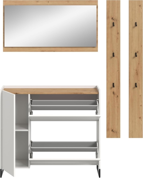 xonox. home – 4 teilige Garderobenkombination Drive 172 x 192 x 32 cm in Weiß und Artisan Oak Nachbildung – Set mit Spiegel, Paneel & Schuhkommode – Moderne Garderobe für Diele & Eingangsbereich Bild 3