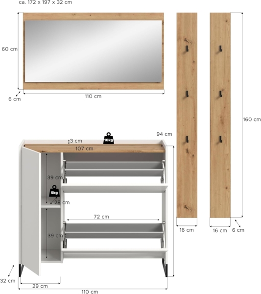 xonox. home – 4 teilige Garderobenkombination Drive 172 x 192 x 32 cm in Weiß und Artisan Oak Nachbildung – Set mit Spiegel, Paneel & Schuhkommode – Moderne Garderobe für Diele & Eingangsbereich Bild 4