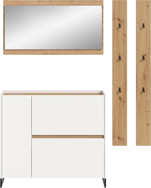 xonox. home – 4 teilige Garderobenkombination Drive 172 x 192 x 32 cm in Weiß und Artisan Oak Nachbildung – Set mit Spiegel, Paneel & Schuhkommode – Moderne Garderobe für Diele & Eingangsbereich Bild 2