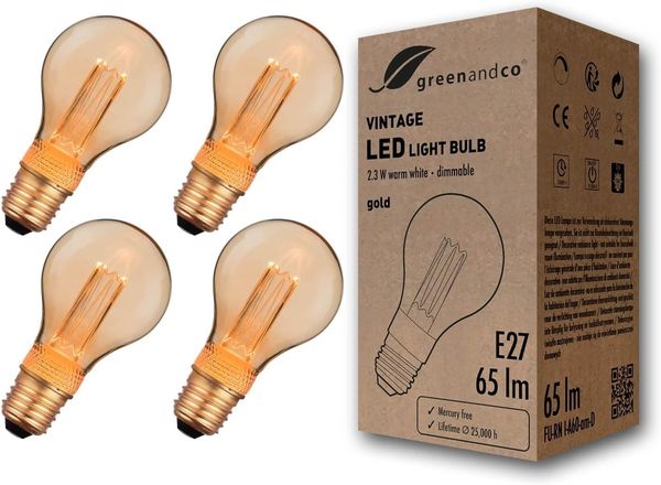 greenandco 4x LED Vintage Glühbirne zur Stimmungsbeleuchtung | dimmbar | E27 A60 | gold | 2,3W 65lm | 1800K extra warmweiß | 320° | 230V | flimmerfrei | Edison Glühbirne